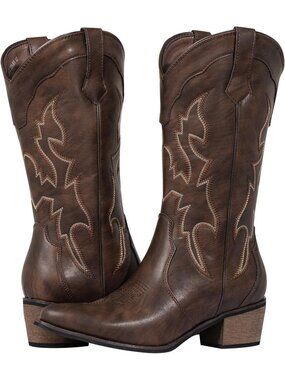 Women's Boots Snip Toe Cowgirl Shoes Brown Wide Calf Chunky Heel Embroidered
